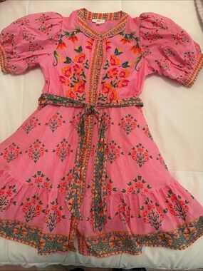 A Loves A Girl - Pink Floral Girls' Belted Puff-Sleeve Dress